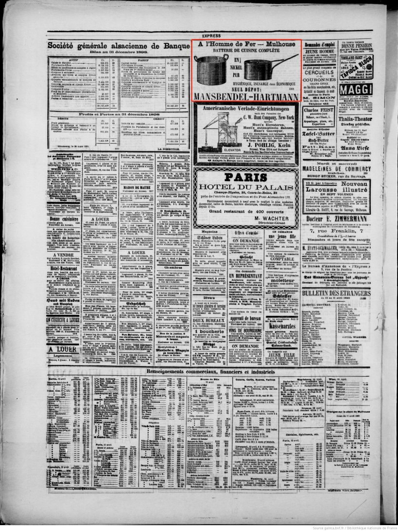 Journal L'Express de Mulhouse du 11 avril 1899 (p.4) : batterie de cuisine complète, en nickel pur.
